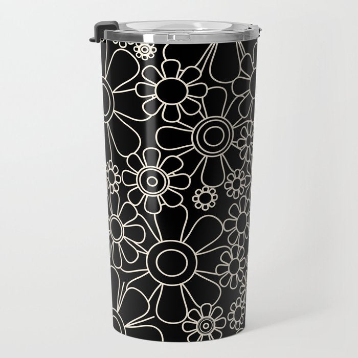 Retro Garden Flowers Contemporary Modern Black and Cream Minimalist Pattern Travel Mug Gallery Image 3