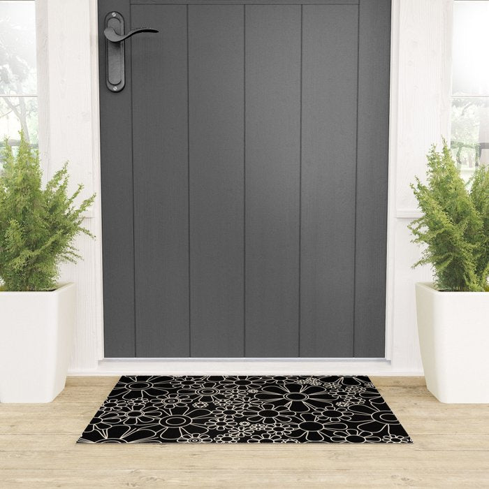 Retro Garden Flowers Contemporary Modern Black and Cream Minimalist Pattern Welcome Mat Gallery Image 3