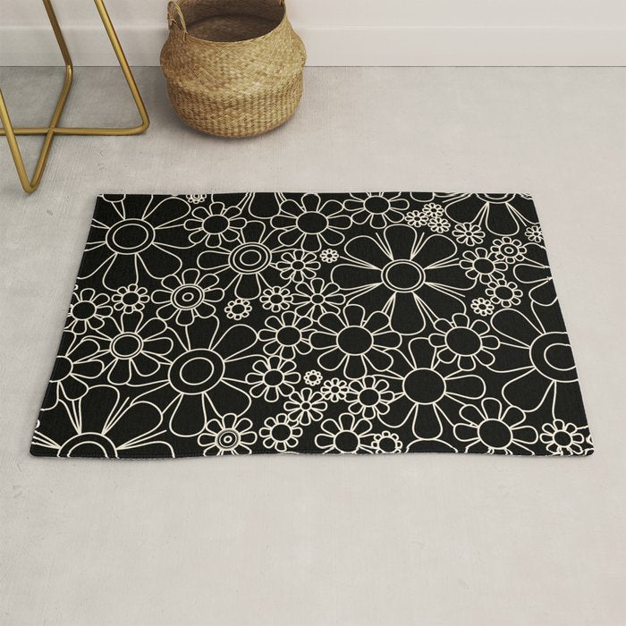 Retro Garden Flowers Contemporary Modern Black and Cream Minimalist Pattern Rug Gallery Image 1