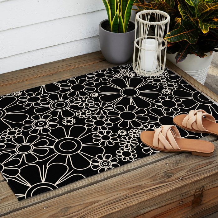 Retro Garden Flowers Contemporary Modern Black and Cream Minimalist Pattern Outdoor Rug Gallery Image 2
