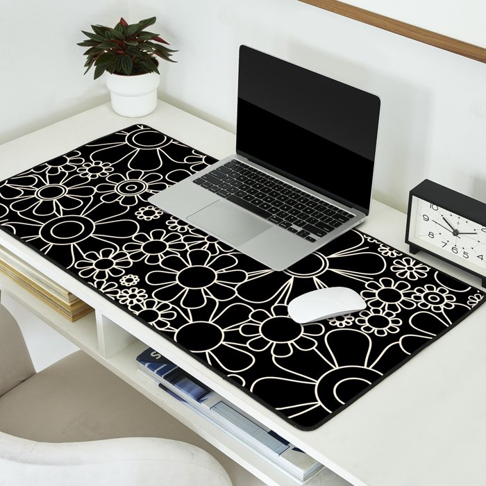 Retro Garden Flowers Contemporary Modern Black and Cream Minimalist Pattern Desk Mat Gallery Image 2