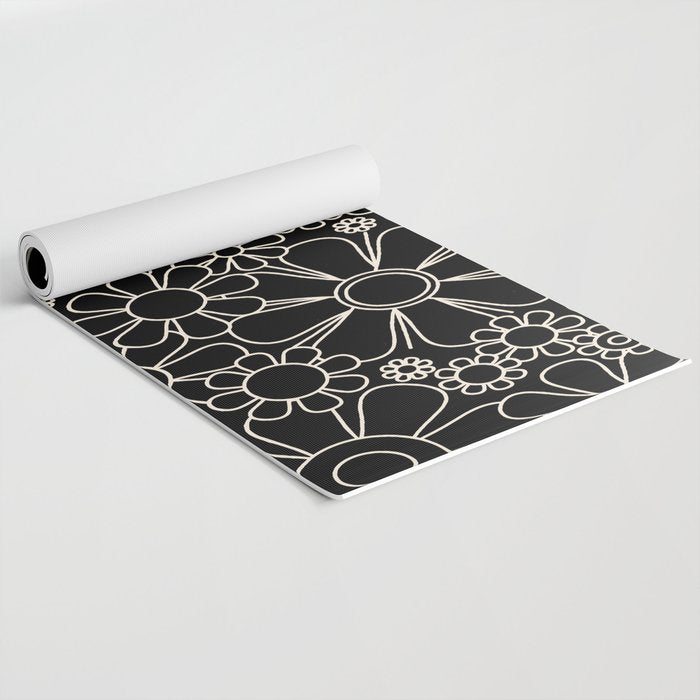 Retro Garden Flowers Contemporary Modern Black and Cream Minimalist Pattern Yoga Mat Gallery Image 2