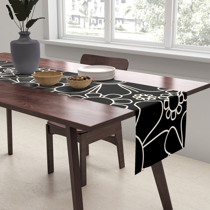 Retro Garden Flowers Contemporary Modern Black and Cream Minimalist Pattern Table Runner Gallery Image 2