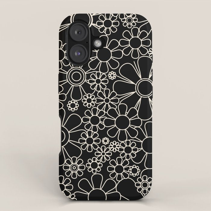 Retro Garden Flowers Contemporary Modern Black and Cream Minimalist Pattern iPhone Case Gallery Image 1