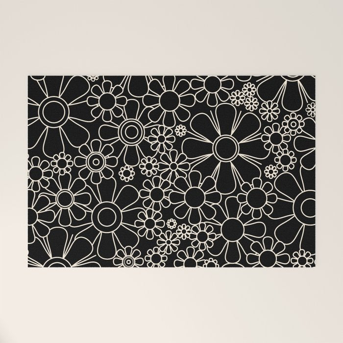 Retro Garden Flowers Contemporary Modern Black and Cream Minimalist Pattern Welcome Mat Gallery Image 1