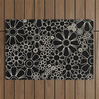 Retro Garden Flowers Contemporary Modern Black and Cream Minimalist Pattern Outdoor Rug Gallery Image 1
