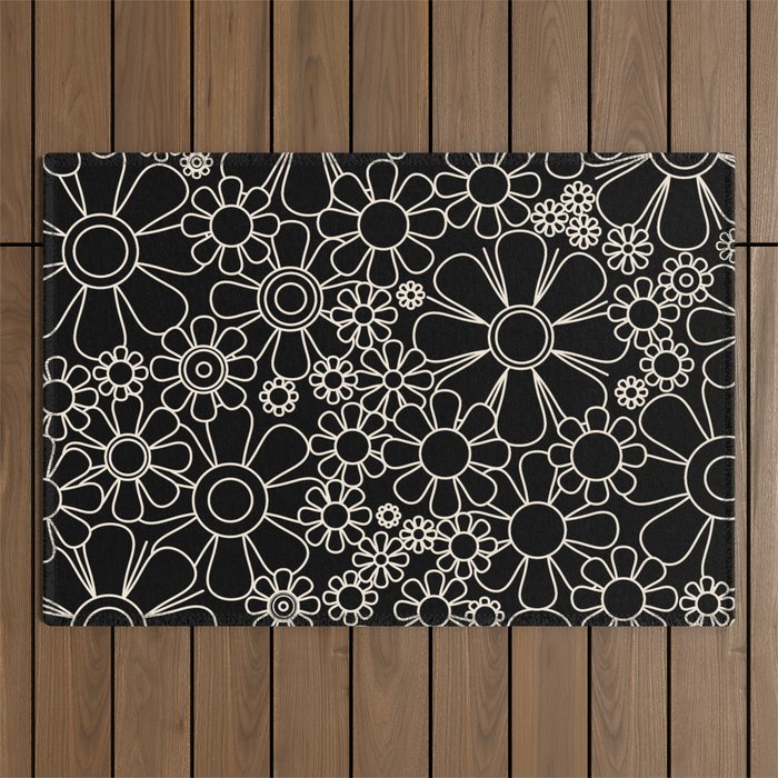 Retro Garden Flowers Contemporary Modern Black and Cream Minimalist Pattern Outdoor Rug Gallery Image 1