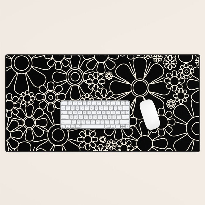 Retro Garden Flowers Contemporary Modern Black and Cream Minimalist Pattern Desk Mat Gallery Image 1