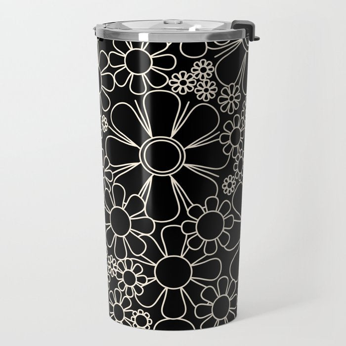 Retro Garden Flowers Contemporary Modern Black and Cream Minimalist Pattern Travel Mug Gallery Image 2