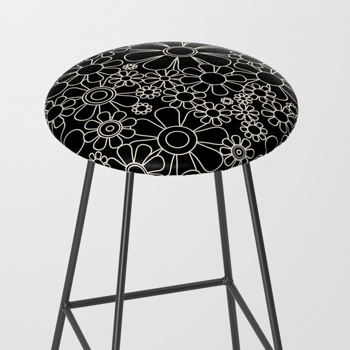 Retro Garden Flowers Contemporary Modern Black and Cream Minimalist Pattern Stool Gallery Image 2