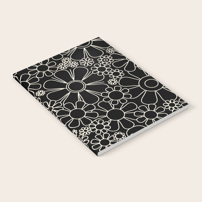 Retro Garden Flowers Contemporary Modern Black and Cream Minimalist Pattern Notebook Gallery Image 1