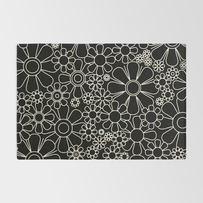 Retro Garden Flowers Contemporary Modern Black and Cream Minimalist Pattern Rug Gallery Image 2