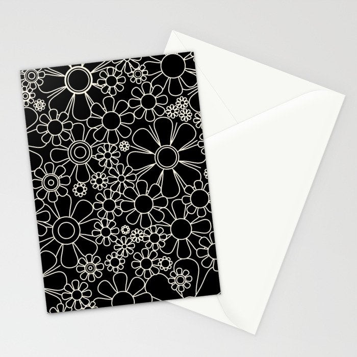 Retro Garden Flowers Contemporary Modern Black and Cream Minimalist Pattern Stationery Card Gallery Image 2