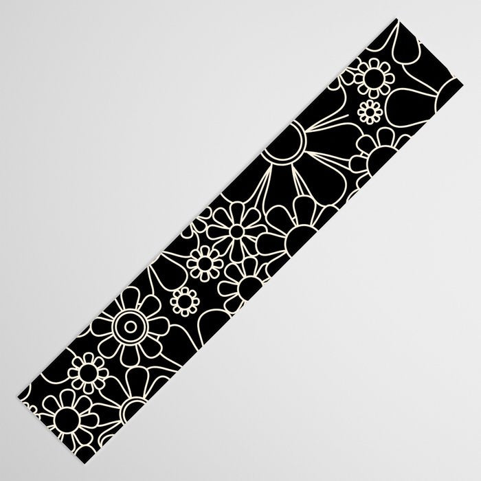 Retro Garden Flowers Contemporary Modern Black and Cream Minimalist Pattern Table Runner Gallery Image 3