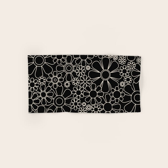 Retro Garden Flowers Contemporary Modern Black and Cream Minimalist Pattern Bath Towel Gallery Image 1