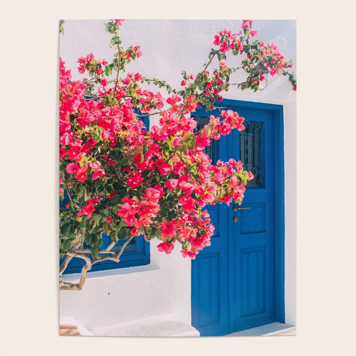 Blue Door in Santorini Greece - Pink Flowers by House - Fine Art Travel Photography Poster Gallery Image 1