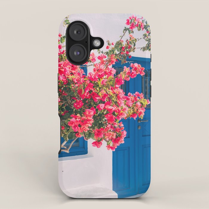 Blue Door in Santorini Greece - Pink Flowers by House - Fine Art Travel Photography iPhone Case Gallery Image 1