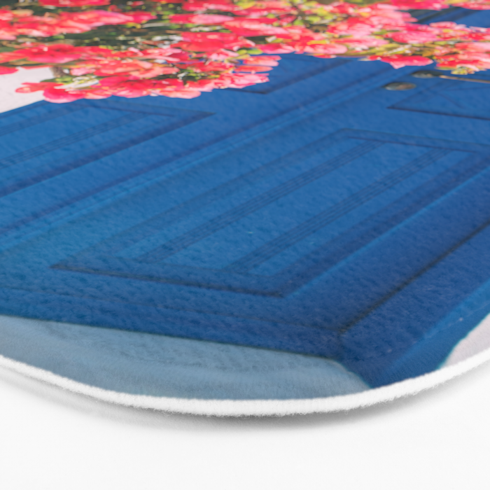 Blue Door in Santorini Greece - Pink Flowers by House - Fine Art Travel Photography Bath Mat Gallery Image 3