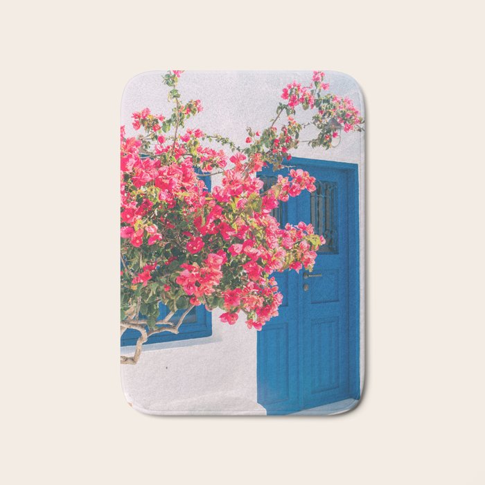 Blue Door in Santorini Greece - Pink Flowers by House - Fine Art Travel Photography Bath Mat Gallery Image 1
