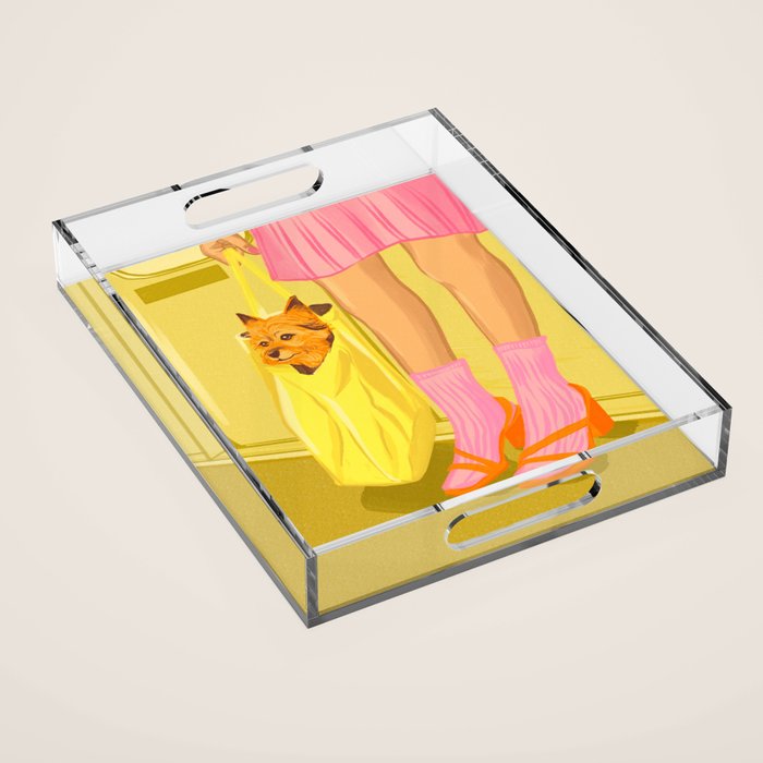 Pop Art Print of Girl with Dog in a Tote on the Subway Acrylic Tray Gallery Image 1