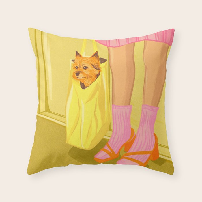 Pop Art Print of Girl with Dog in a Tote on the Subway Throw Pillow Gallery Image 6