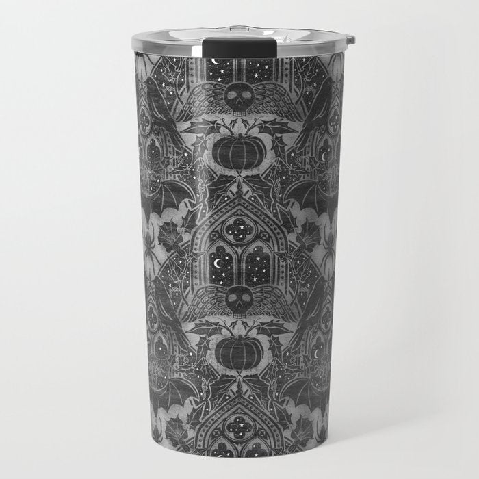 Gothic Halloween Damask - grayscale  Travel Mug Gallery Image 1