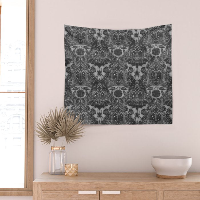 Gothic Halloween Damask - grayscale  Wall Tapestry Gallery Image 2