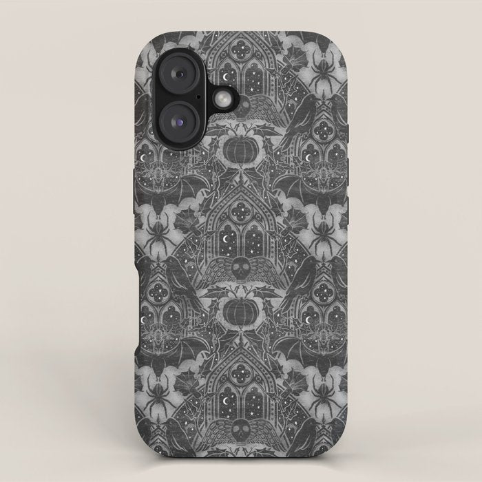Gothic Halloween Damask - grayscale  iPhone Case Gallery Image 1