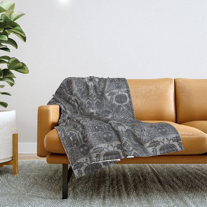 Gothic Halloween Damask - grayscale  Throw Blanket Gallery Image 1