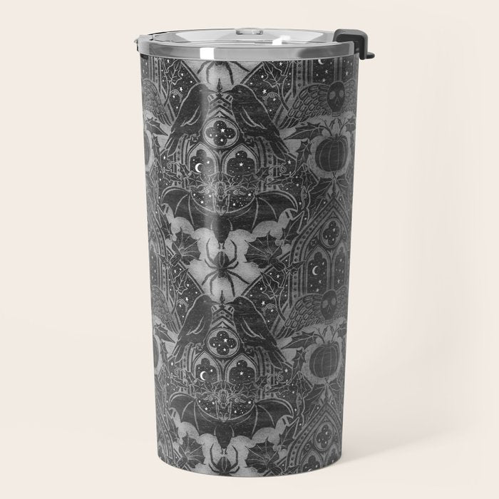 Gothic Halloween Damask - grayscale  Travel Mug Gallery Image 2
