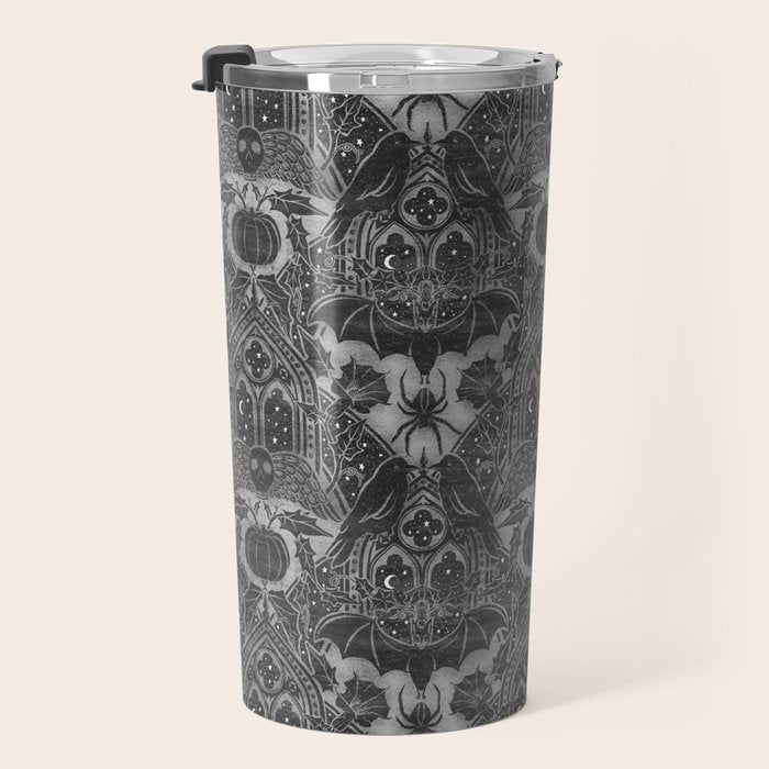 Gothic Halloween Damask - grayscale  Travel Mug Gallery Image 3