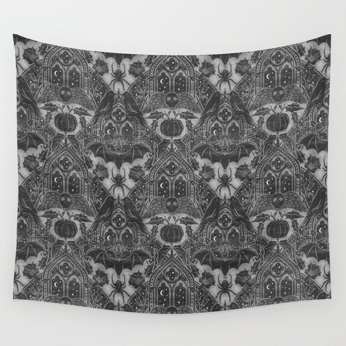Gothic Halloween Damask - grayscale  Wall Tapestry Gallery Image 1