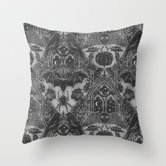 Gothic Halloween Damask - grayscale  Throw Pillow Gallery Image 6