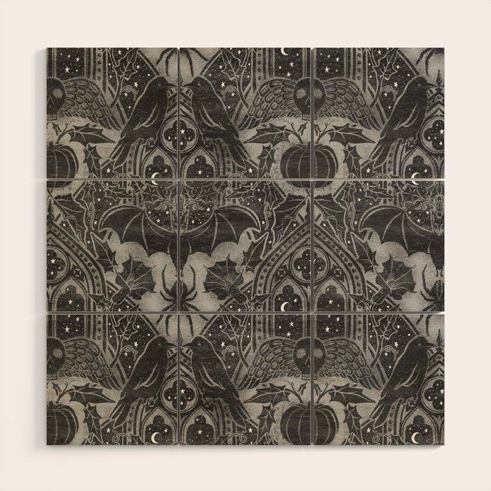 Gothic Halloween Damask - grayscale  Wood Wall Art Gallery Image 1
