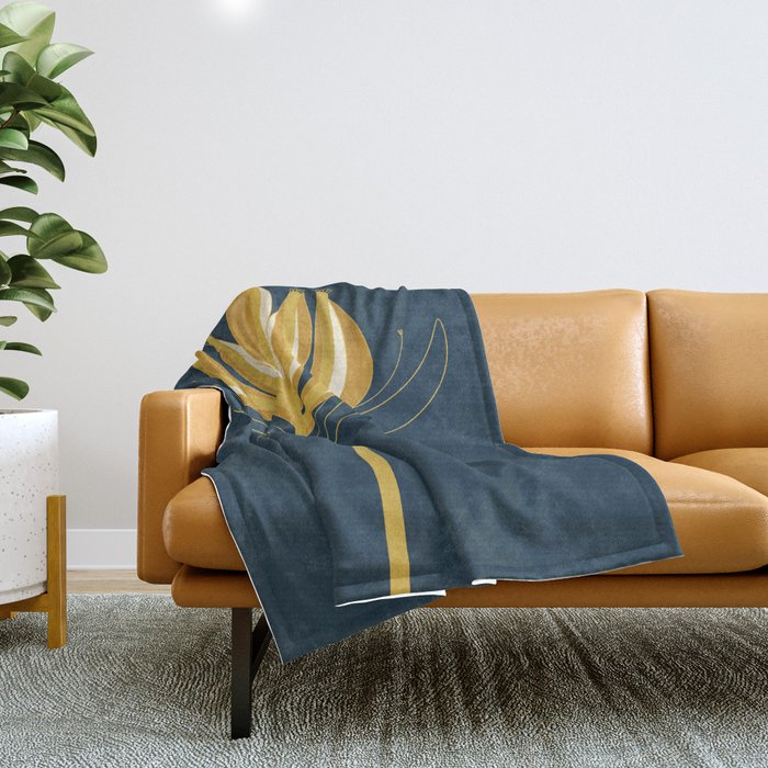  Fleur Exotique - Floral Minimalism in Mustard and Navy  Throw Blanket Gallery Image 1