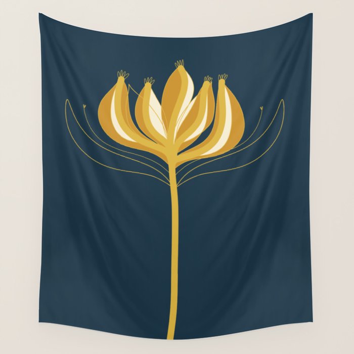  Fleur Exotique - Floral Minimalism in Mustard and Navy  Wall Tapestry Gallery Image 4
