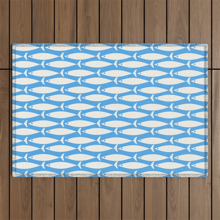 Coastal Fish Pattern in Bold Blue and White Outdoor Rug Gallery Image 1