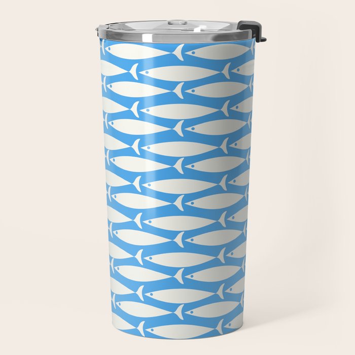 Coastal Fish Pattern in Bold Blue and White Travel Mug Gallery Image 2