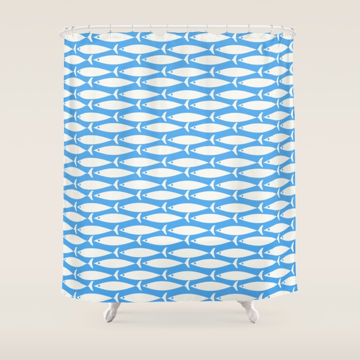 Coastal Fish Pattern in Bold Blue and White Shower Curtain Gallery Image 1