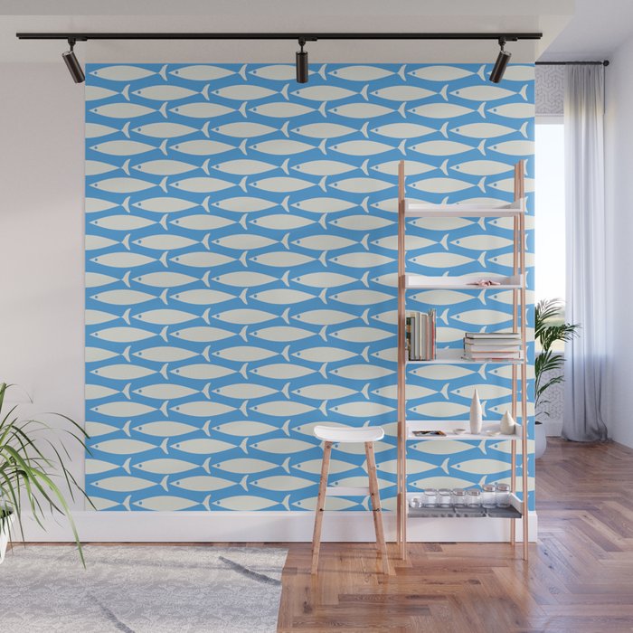 Coastal Fish Pattern in Bold Blue and White Wall Mural Gallery Image 1