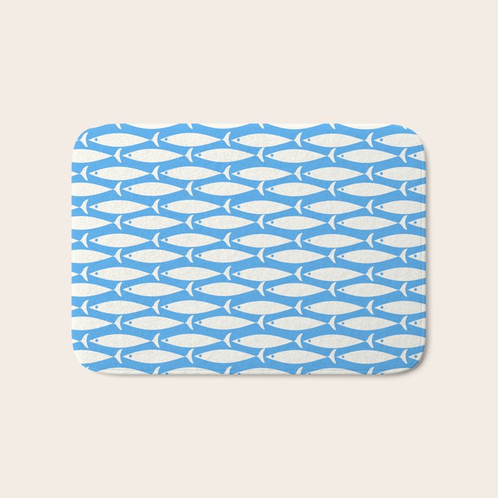 Coastal Fish Pattern in Bold Blue and White Bath Mat Gallery Image 1