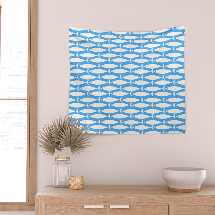 Coastal Fish Pattern in Bold Blue and White Wall Tapestry Gallery Image 2