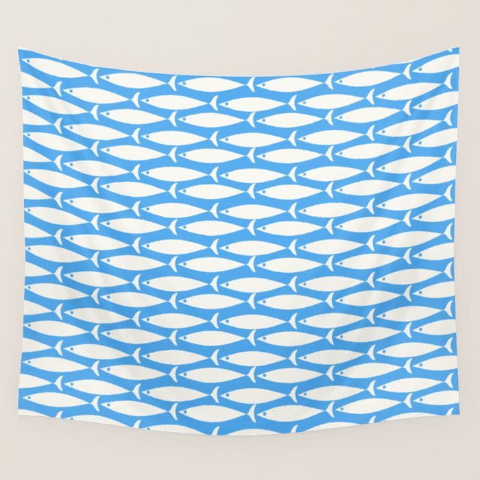 Coastal Fish Pattern in Bold Blue and White Wall Tapestry Gallery Image 4