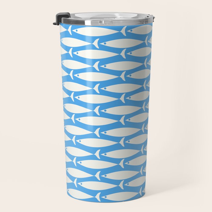 Coastal Fish Pattern in Bold Blue and White Travel Mug Gallery Image 3