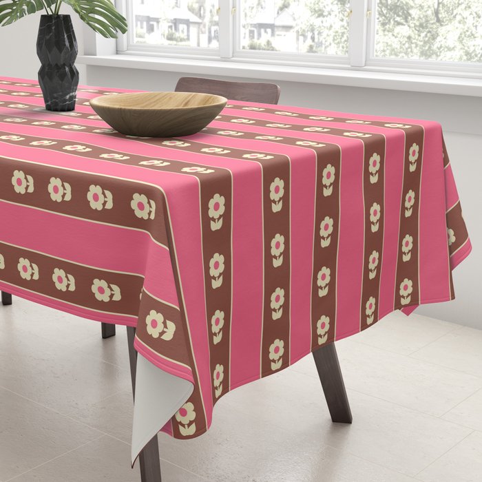 Eclectic Cottage Stripes and Flowers in Pink Brown Cream Tablecloth Gallery Image 3