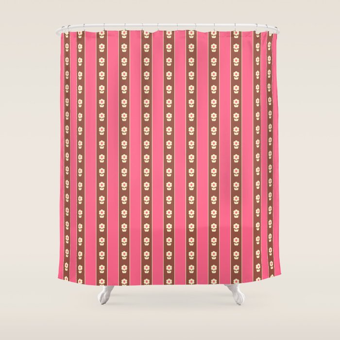 Eclectic Cottage Stripes and Flowers in Pink Brown Cream Shower Curtain Gallery Image 1