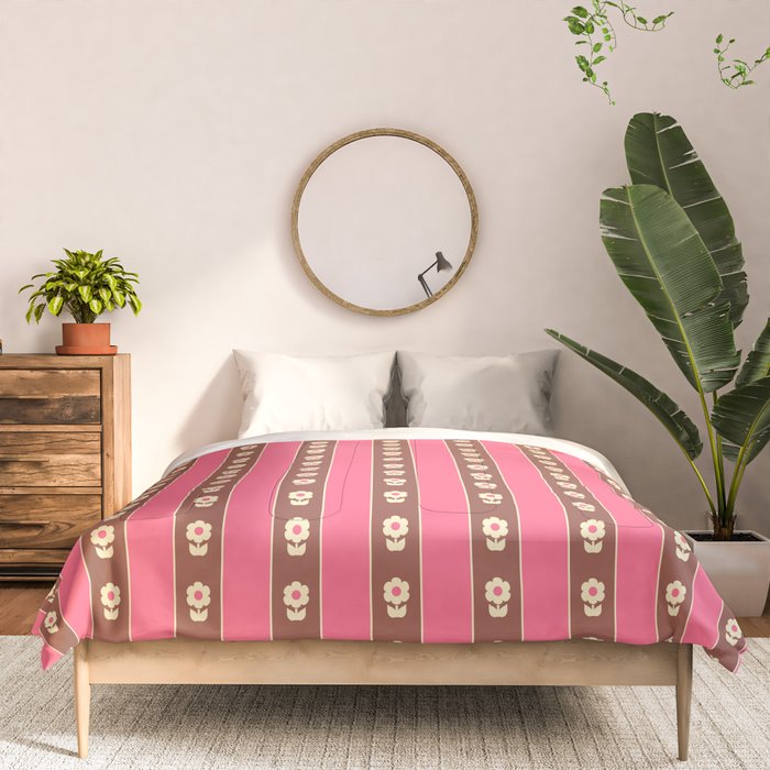 Eclectic Cottage Stripes and Flowers in Pink Brown Cream Comforter Gallery Image 3