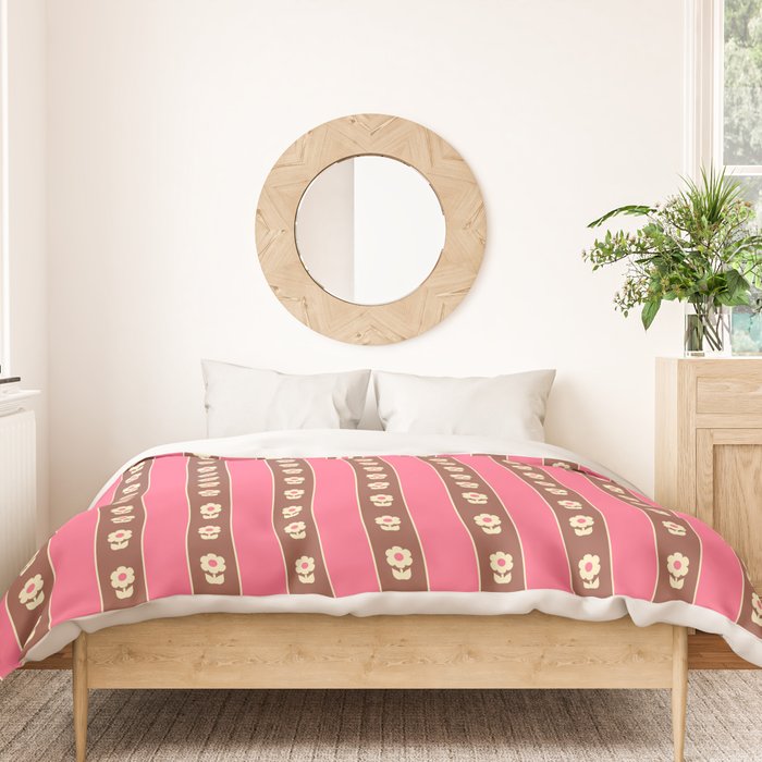 Eclectic Cottage Stripes and Flowers in Pink Brown Cream Duvet Cover Gallery Image 3