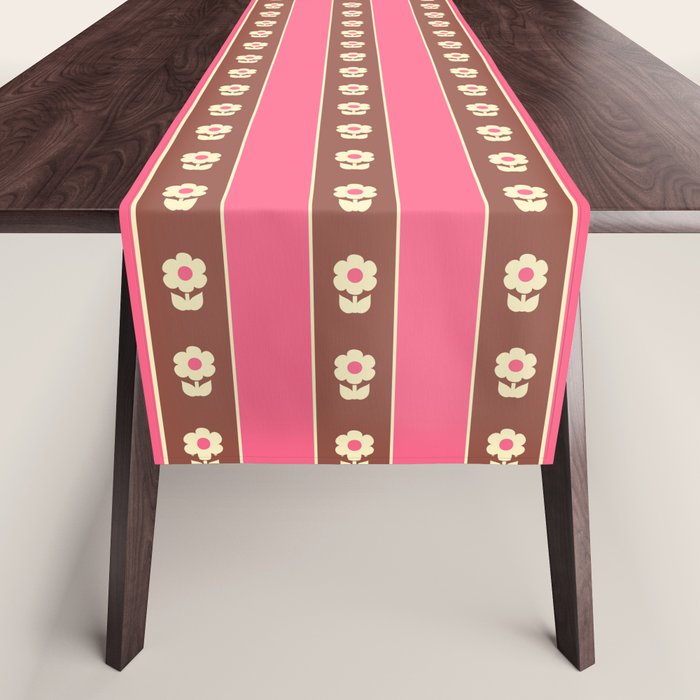 Eclectic Cottage Stripes and Flowers in Pink Brown Cream Table Runner Gallery Image 1