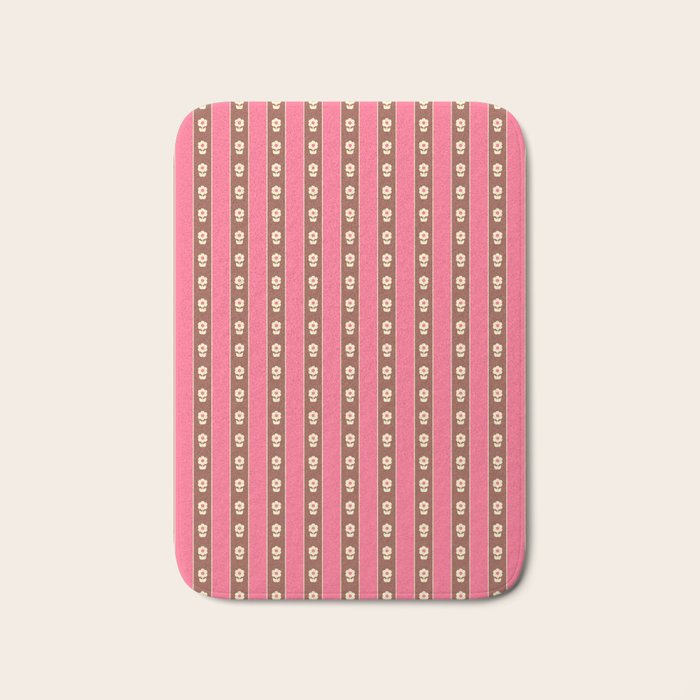 Eclectic Cottage Stripes and Flowers in Pink Brown Cream Bath Mat Gallery Image 1